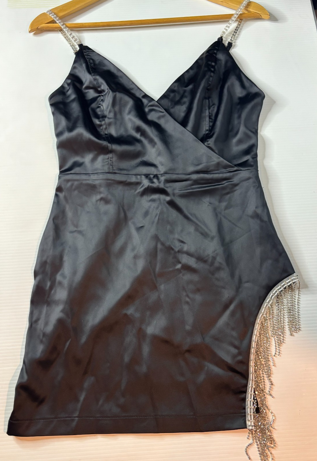 Rhinestone Crystal Fringe Cutout Satin The Heiress Birthday Mini Dress – Black M