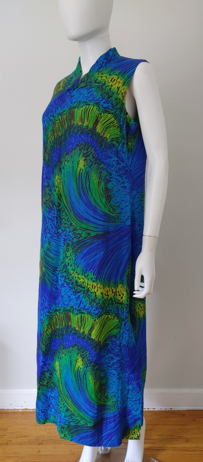 Vintage 60s 70s Hawaiian Peacock Feather Dress Tiki Boho Luau hostess Resort L
