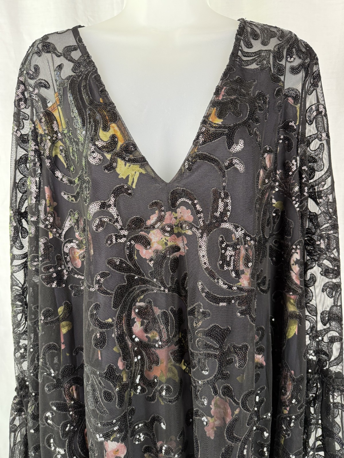 Free People Falling Flowers Embroidered Tulle Sequin Mini Dress Black Boho Large