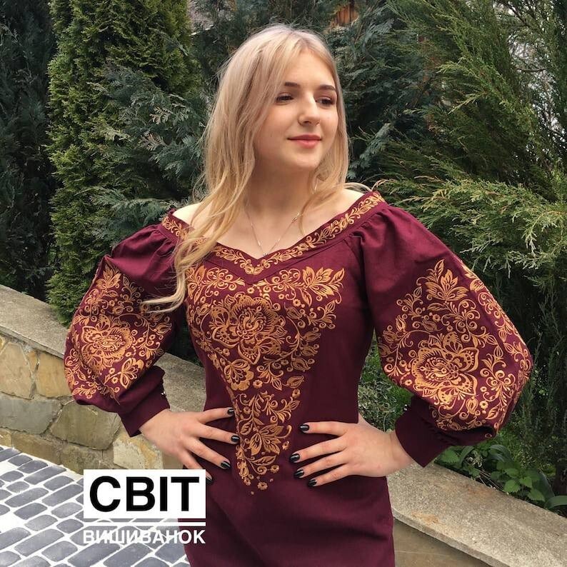 Burgundy Dress gold embroidered Ukrainian Folk Embroidery Gold Details Gift Her