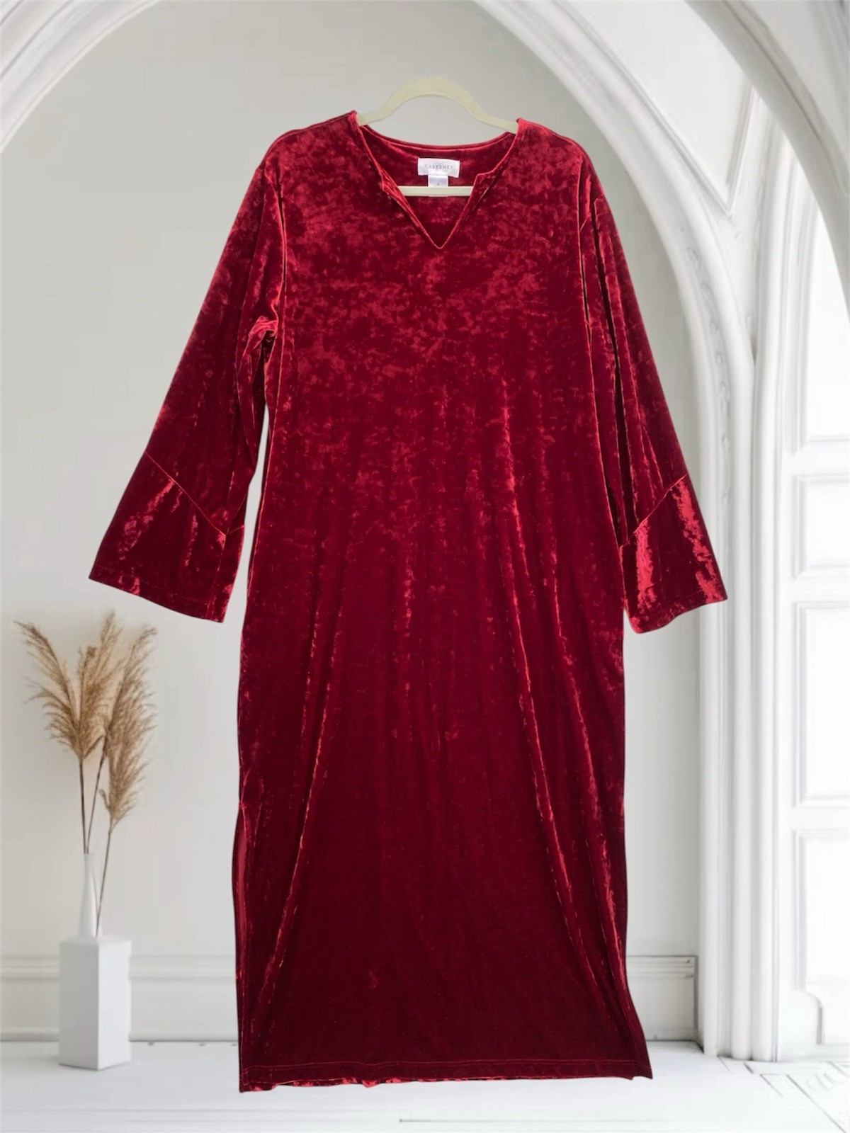 Cabernet Womens Red Crushed Velvet Velour Bell Sleeve House Dress Size Medium