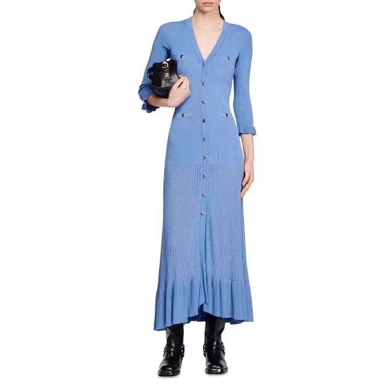 Sandro simple slim blue ruffled V-neck long needle Women Dresses