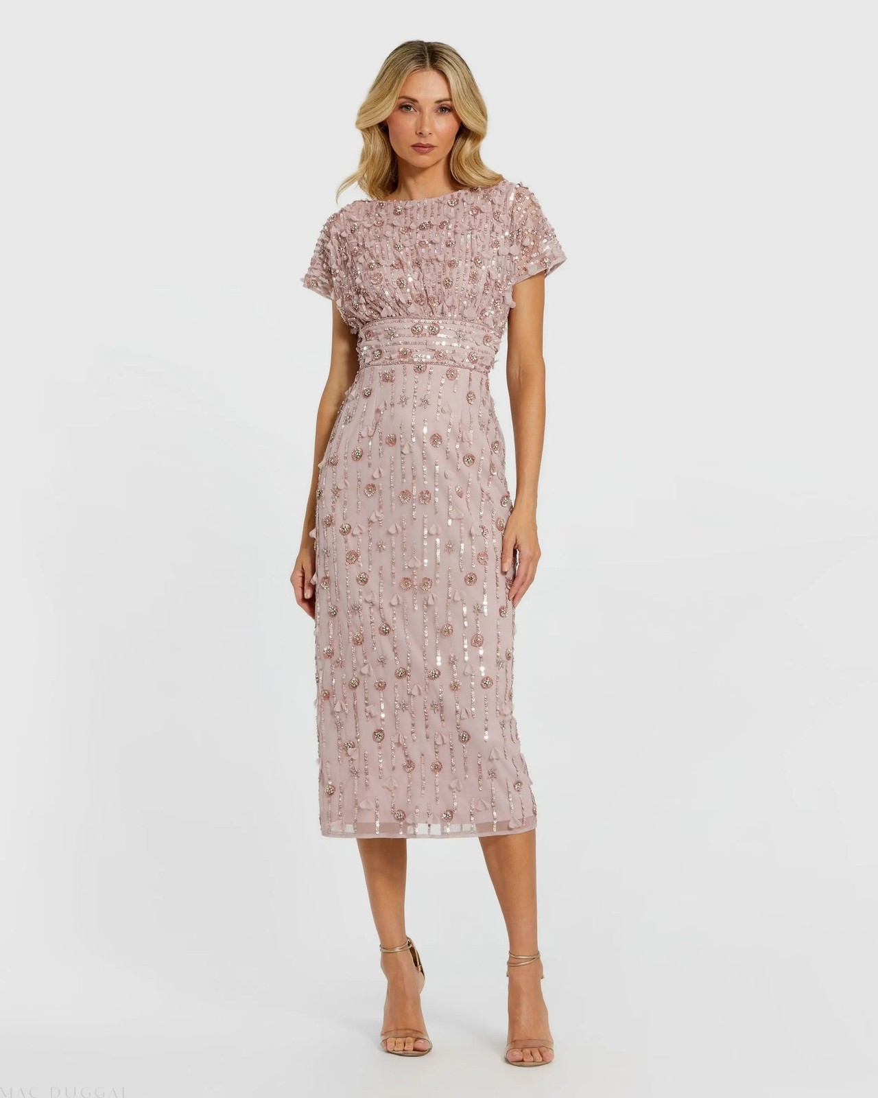 Mac Duggal 94117 Pink Cap Sleeve Sheath Midi Dress With Floral Beading Sz 10