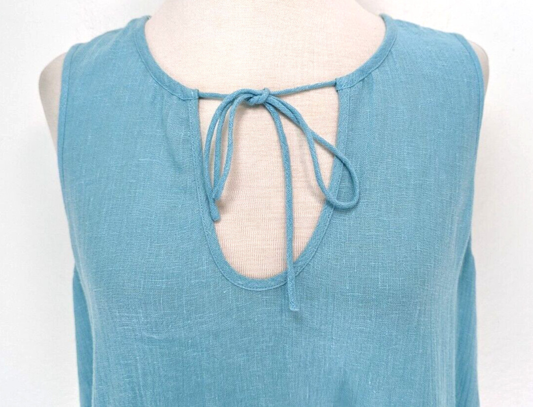 EILEEN FISHER 100% ITALIAN Linen AQUA Sleeveless A-Line Dress Tie Front L VEUC!*