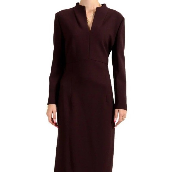 BOSS Hugo Boss Debara Dress Plum Purple Crepe Long Sleeve V-Neck Sheath Dress 6