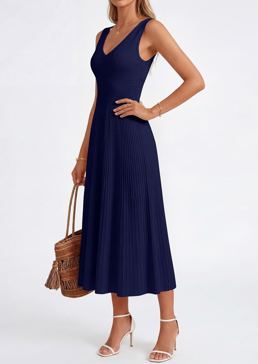 Summer Dresses for Women 2026 Spring Casual Sleeveless V Neck Pleated Midi Work