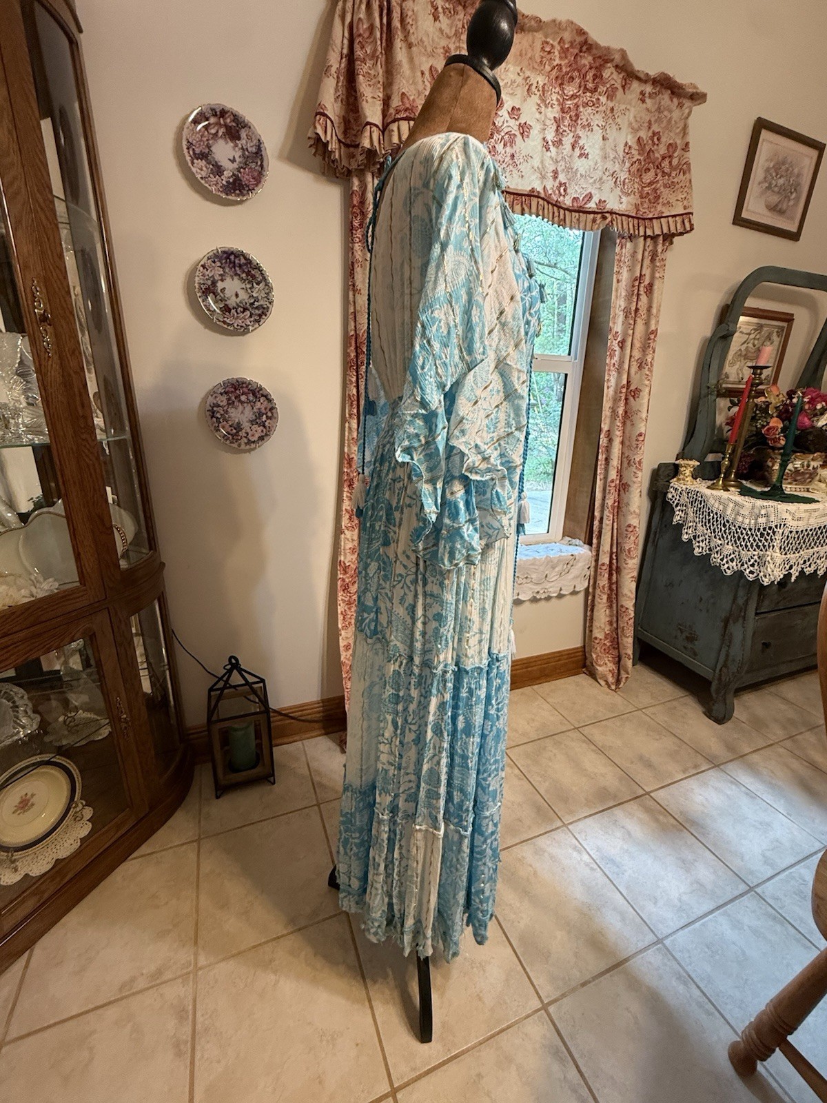 Blue White Boho Maxi Dress Size M Embroidered Lace Tassel Cottagecore Beach