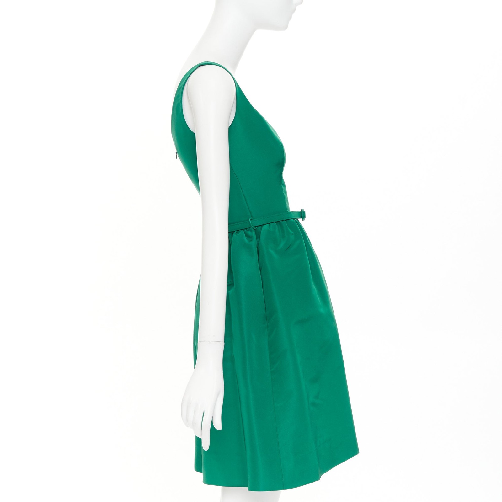 OSCAR DE LA RENTA 2017 green silk faille square neck belted flare dress IT40 S