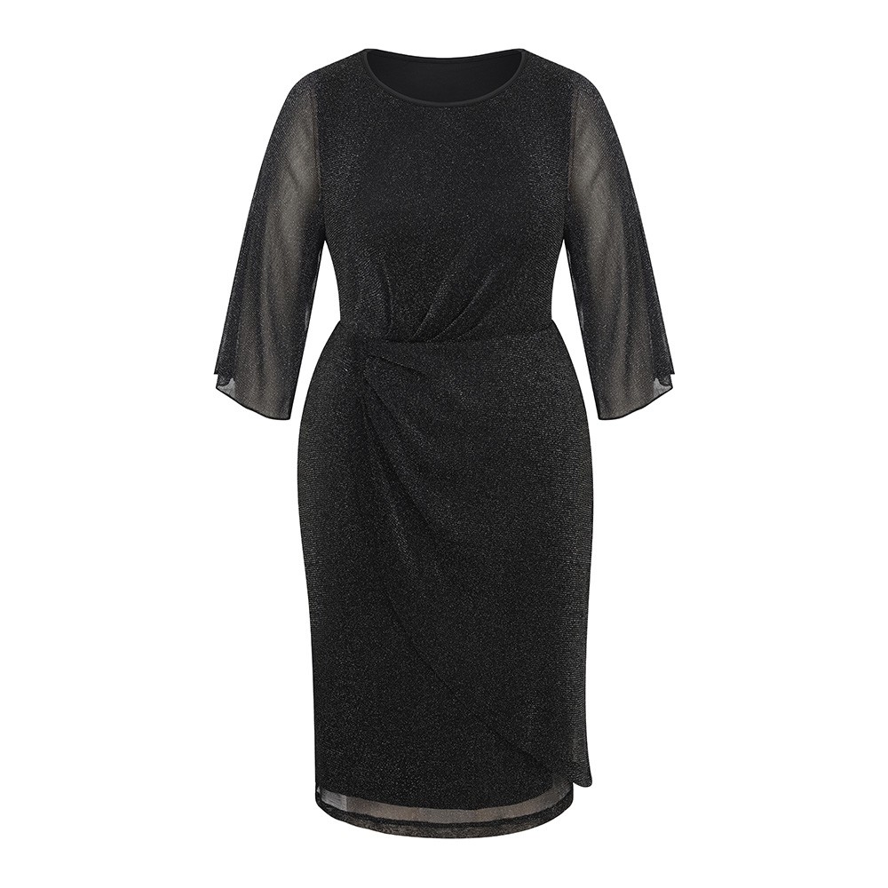 Womens Plus Size Mesh Cocktail Dress 3/4 Sleeve Round Neck Party Midi Dresses