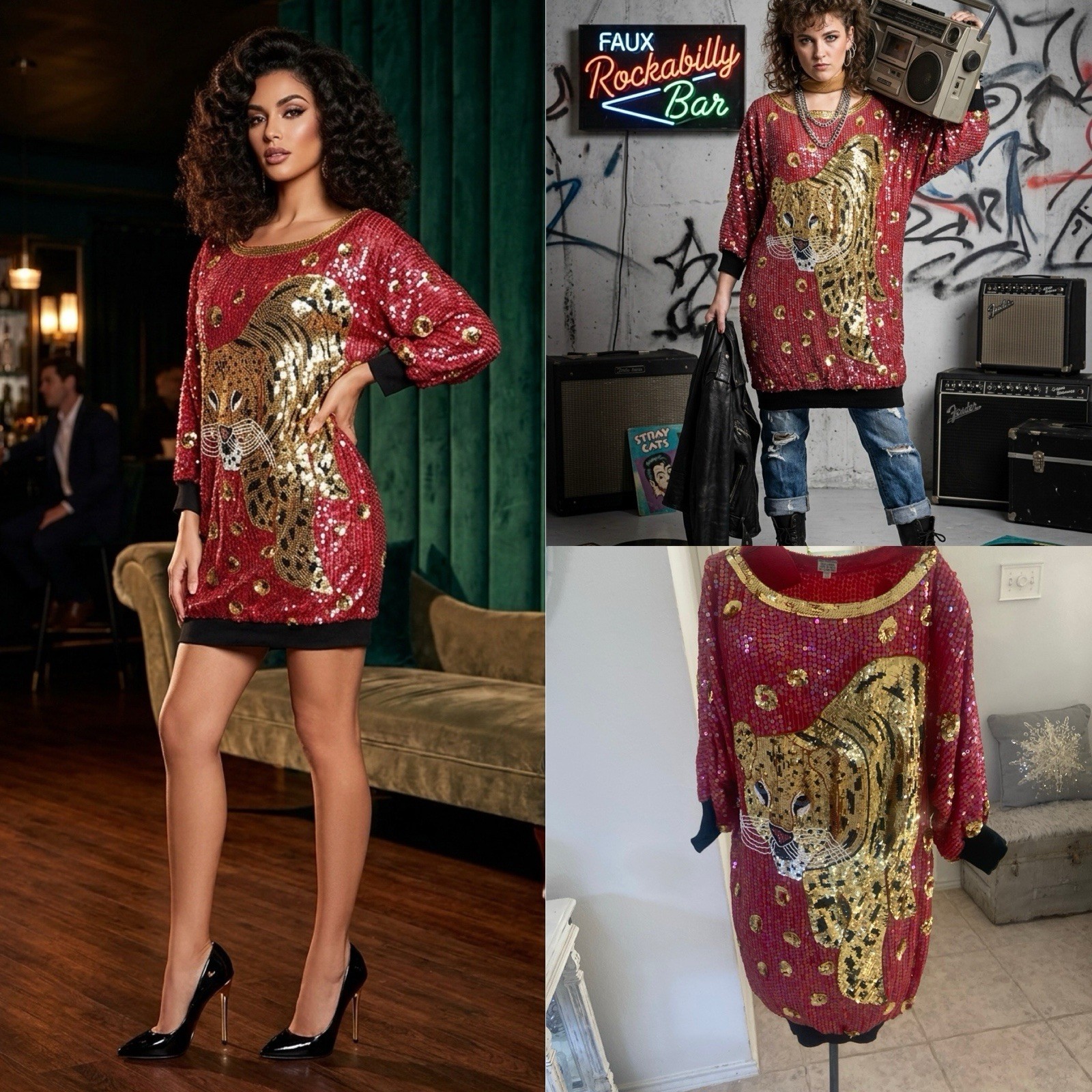 1980’s Red Sequin Tiger Mini Dress 100% Silk Wearable Art Glam Rock Disco Slouch