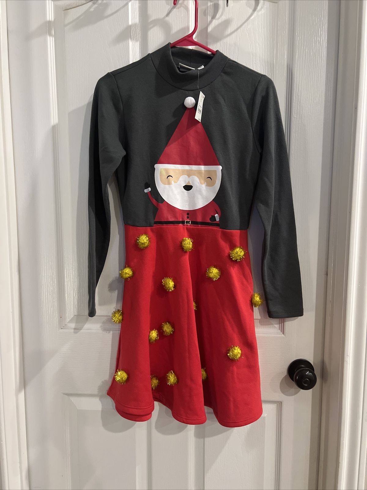 Mighty Fine Christmas Santa Dress Women’s XS New Gray Red Gold Poms Party