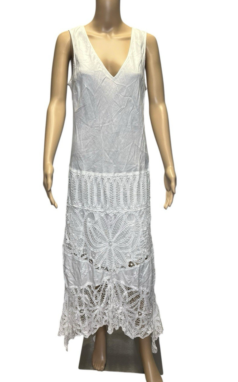 Y2K Linen Crochet Maxi Dress Sz 14 Coastal Boho Shark Bite Hem Resort Beach