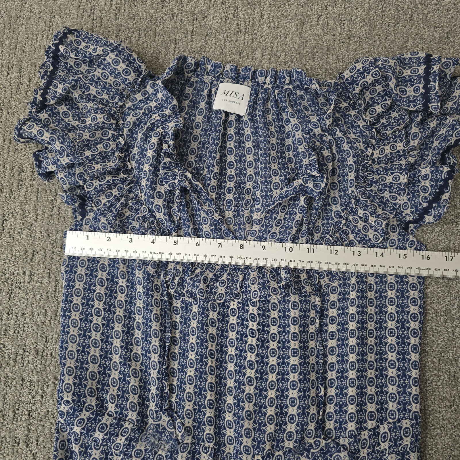 MISA Los Angeles Chiffon Midi Dress Blue Geometric Ruffle Boho Size S