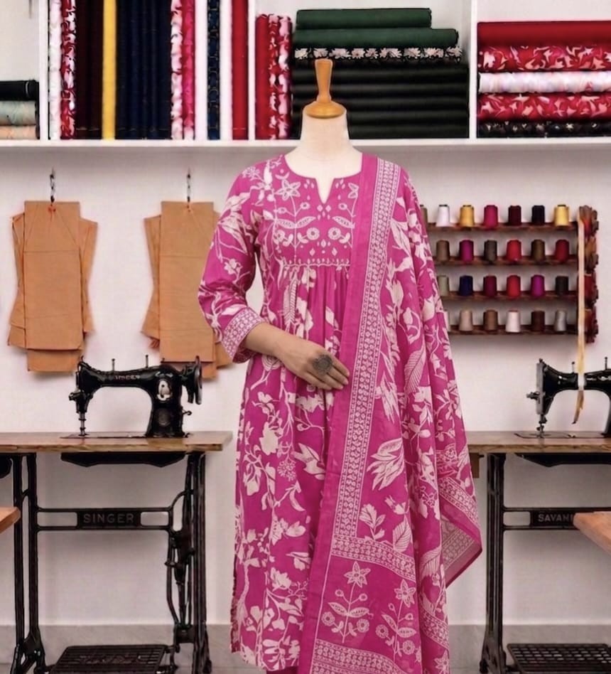 Pink Floral Hand Printed Cotton Ethnic wear Women’s Anarkali Kurta Set