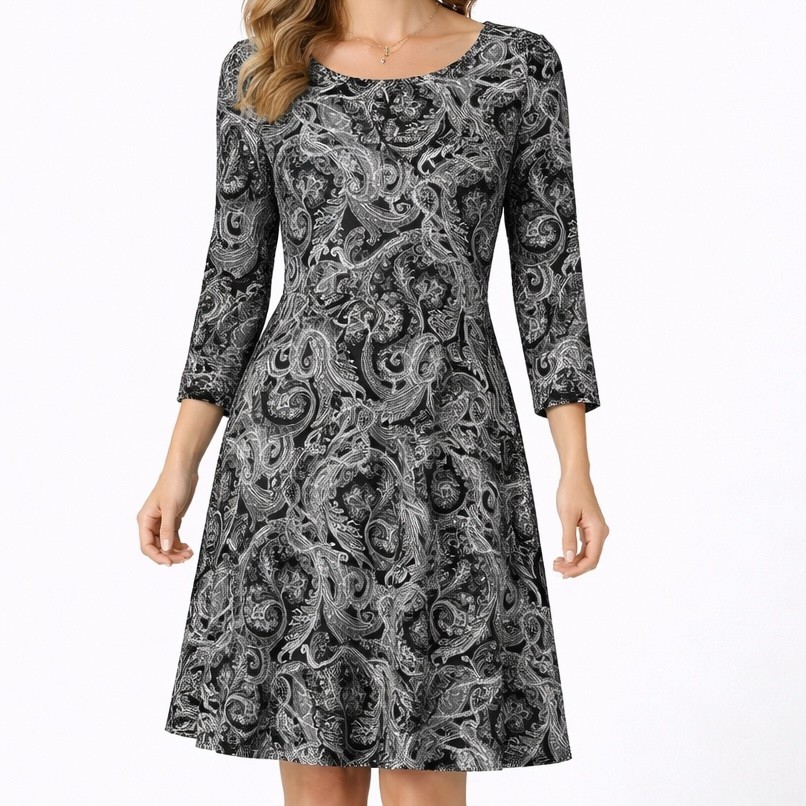 Apt 9 L Black White Paisley Shift Dress High Neck 3/4 Sleeve Pockets Modern Chic