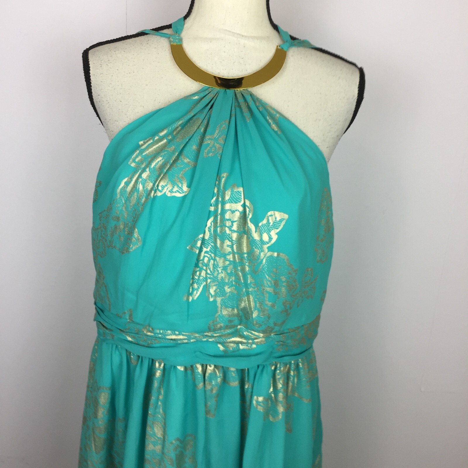 NWT Robbie Bee Evening Cocktail Halter A-Line Dress Sz 14 Woman Blue Gold Floral