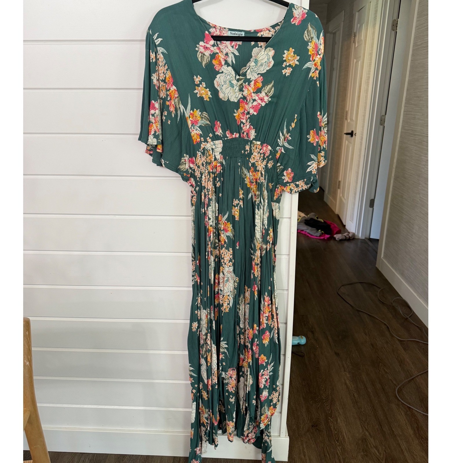 Nostalgia Green Floral Maxi Dress Smocked Waist Flutter Sleeve Boho Women Large