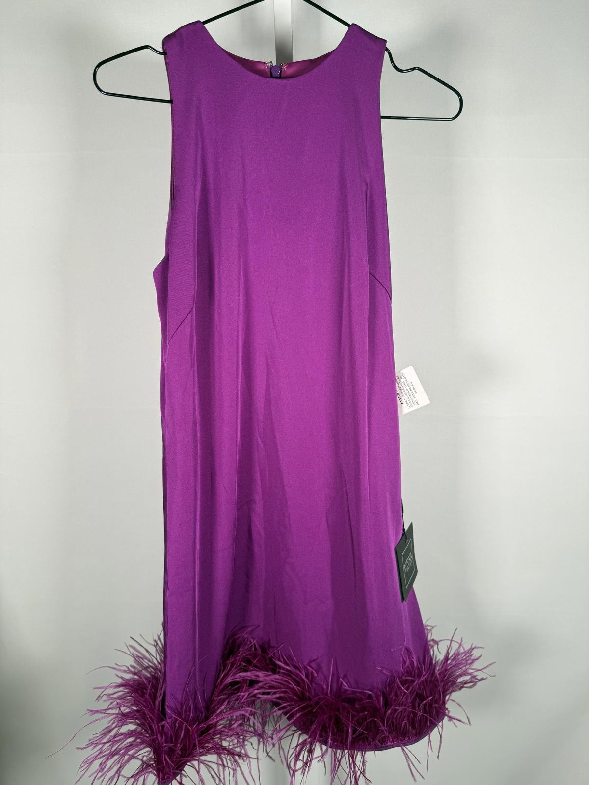 NWT Mac Duggal 55805 Purple Feather Hem High Neck Trapeze Dress Size 4