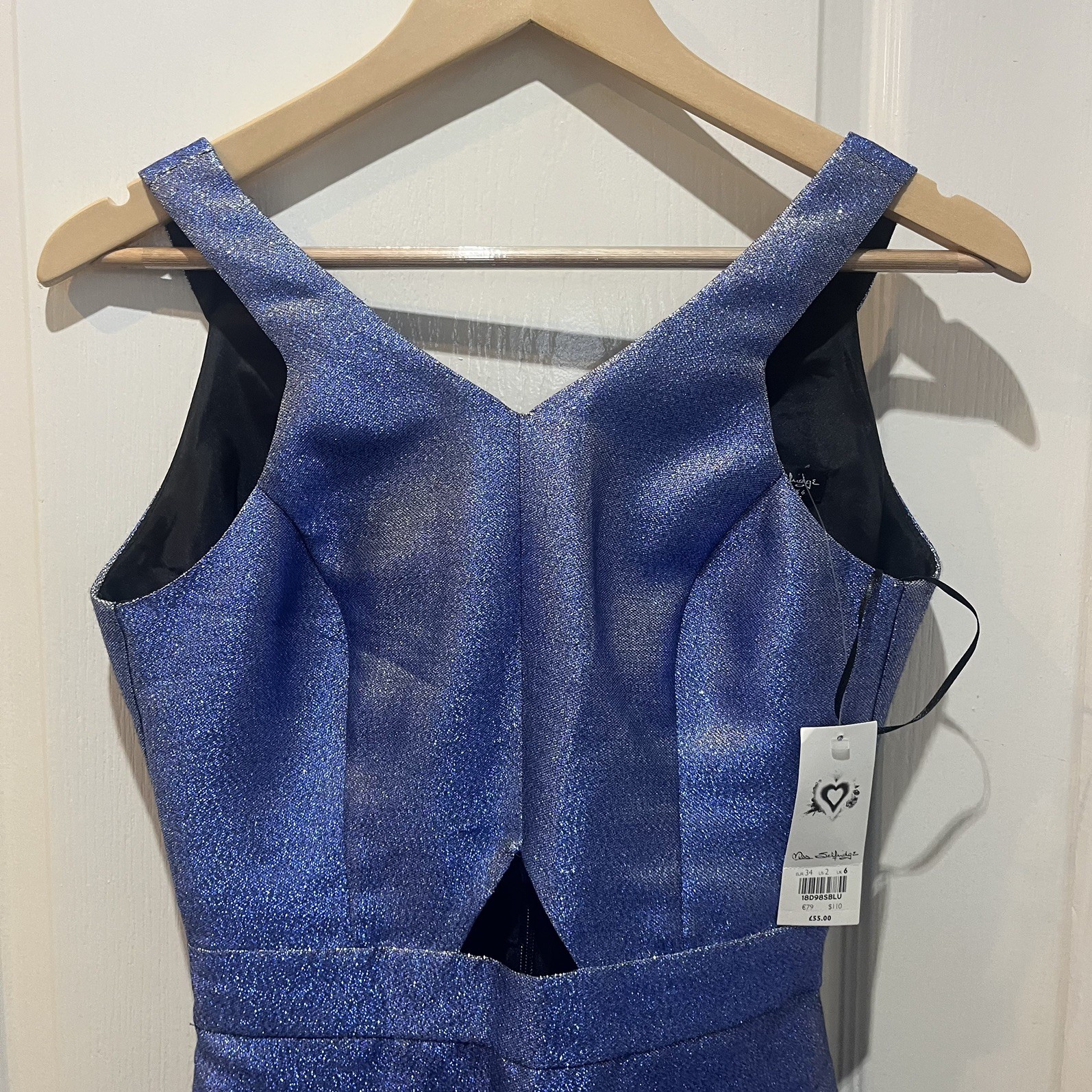 MISS SELFRIDGE – Size 6 UK – BLUE METALLISED SPARKLY cut out DRESS rrp was £55