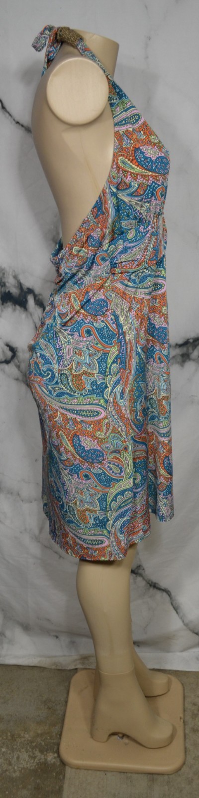 TALIA Teal Orange Lavender Paisley Halter Dress Large Padded Bust Beaded Accent