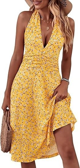 Women’s Summer Sundress Sleeveless Halter Neck Spring 2026 Floral with Pocket El