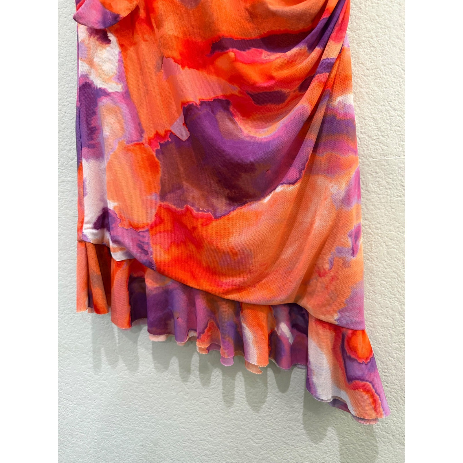 Rachel Roy Ruffle Mini Dress Multicolor XL Watercolor Mesh Ruched Asymmetrical
