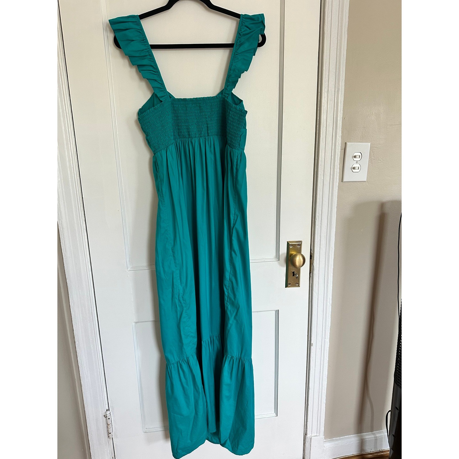 LOFT Maxi Dress Teal Flutter Sleeve Smocked Tiered Size 14 Coastal Cotton Boho