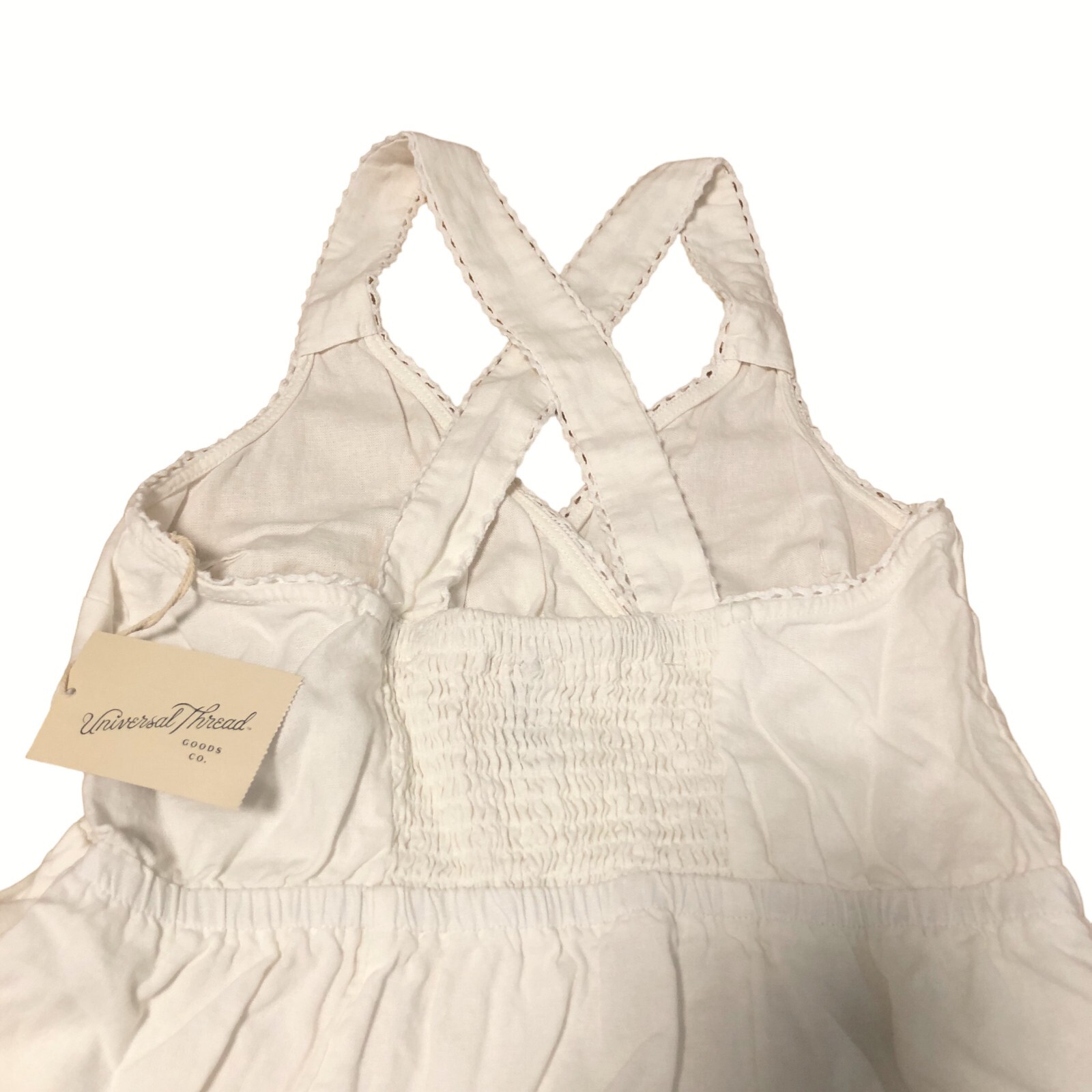 NEW Universal Thread Linen Rayon Cross Back Maxi Dress Summer Smocked White Sz S