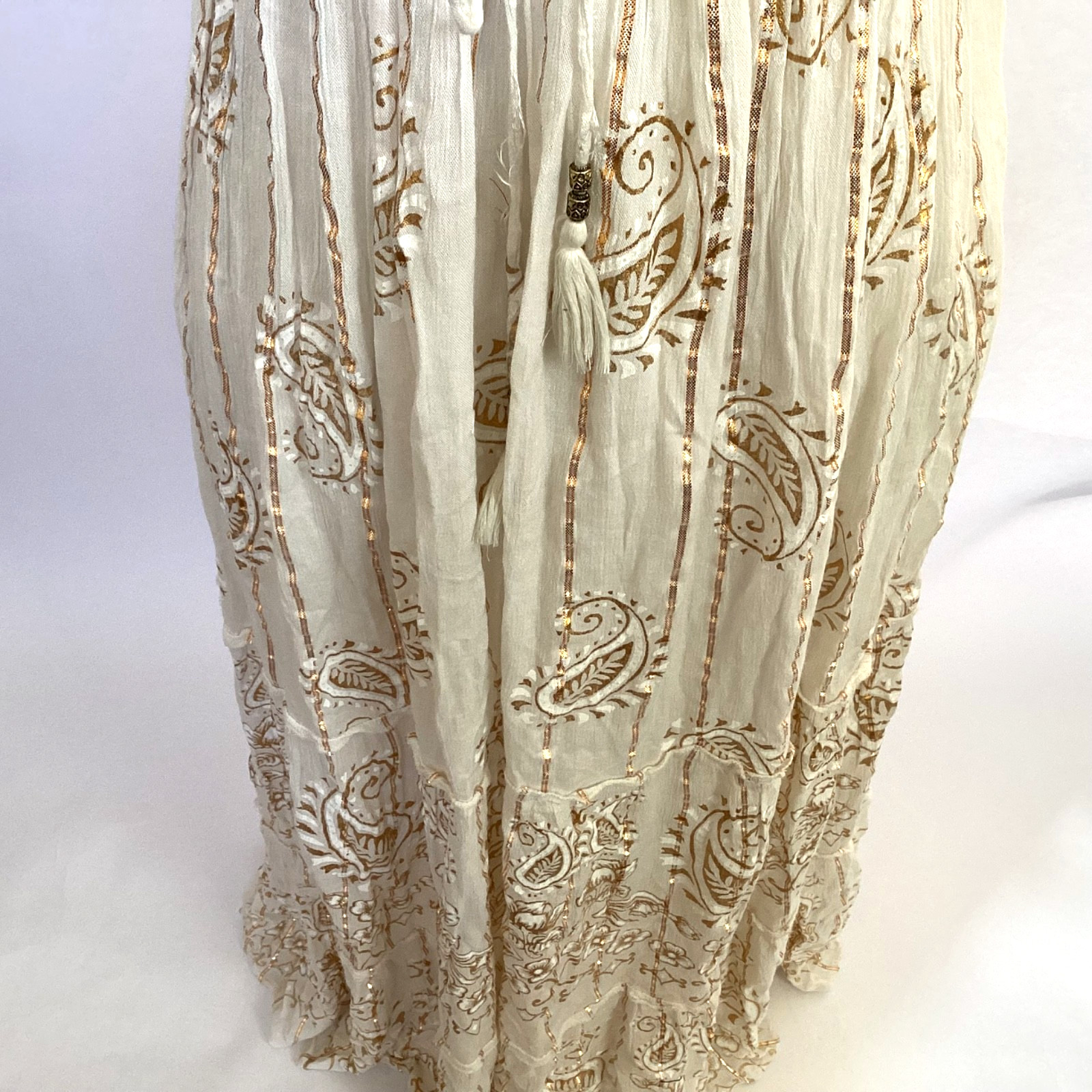 NWT Me 2 Magic Anthropologie Maxi Dress S Ivory Gold Lurex Smocked Embroidered