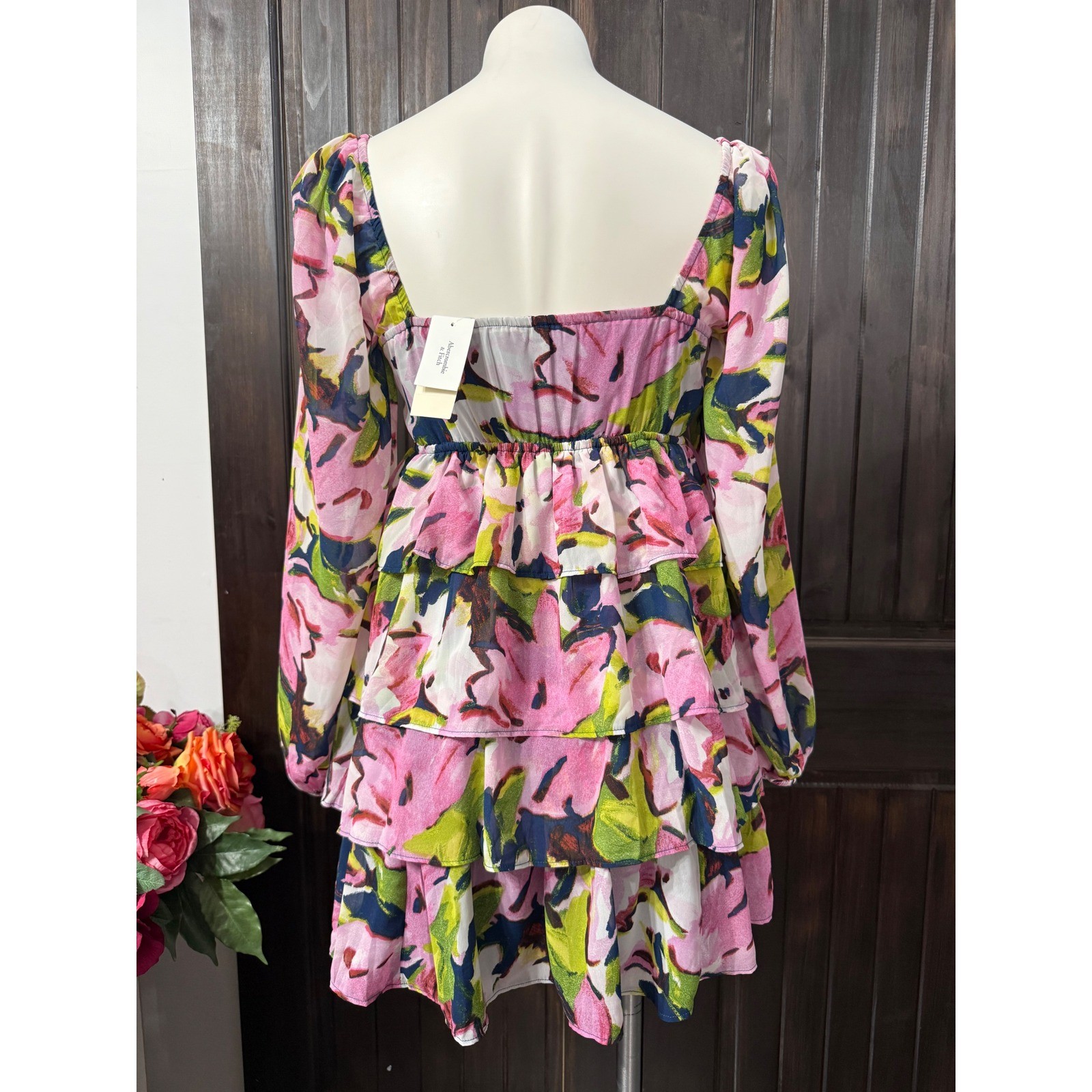 Abercrombie & Fitch Floral Tiered Ruffle Mini Dress Pink Green Long Sleeve NEW