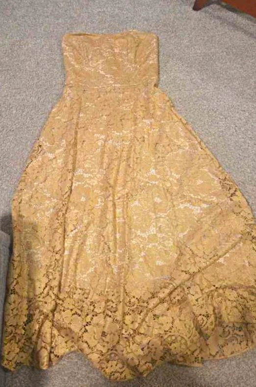 Lilly Pulitzer Gold Strapless Floral Lace Long Gown Dress Size 0 Lined