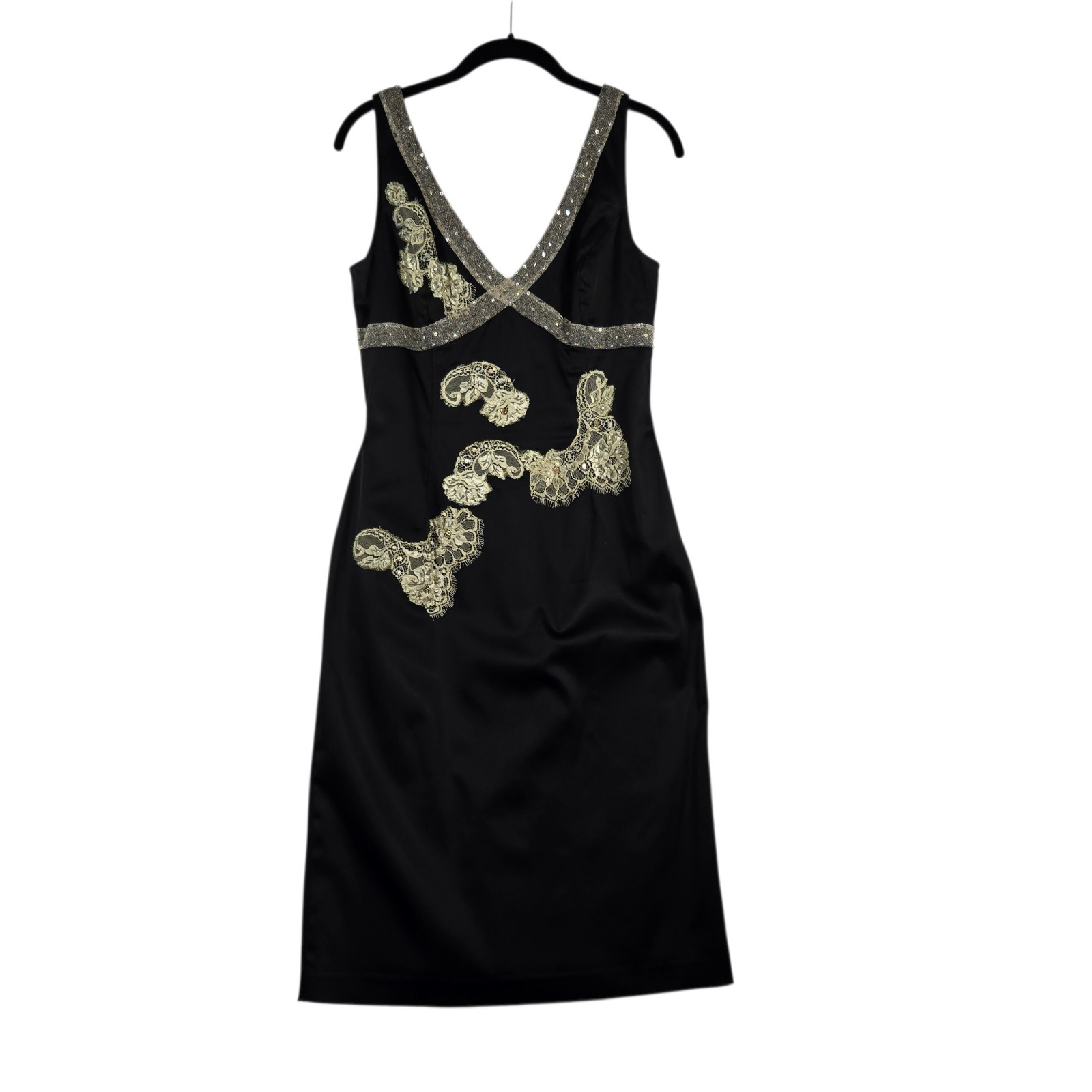 Papell Boutique Cocktail Dress Womens 8 Black Gold Sleeveless Midi Sateen