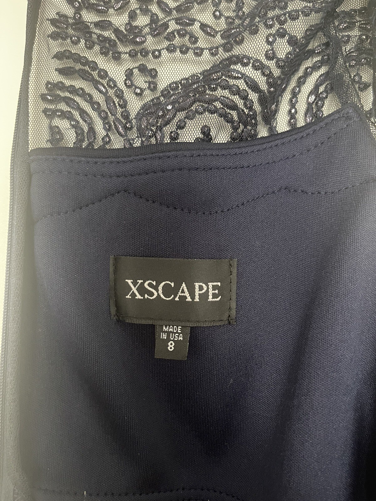 xscape Beaded Yoke, Cap Sleeve, Round Neck, Ruched Cascade Ruffle Side Gown