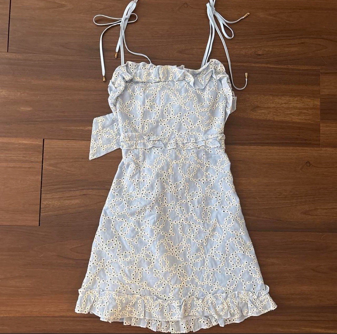 Women’s Simplee Light Blue Daisy Eyelet Mini Dress With Tie Back Size M