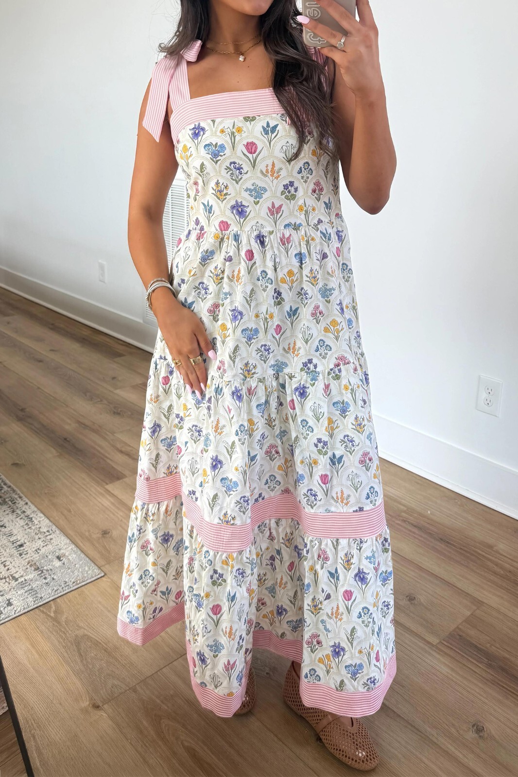 Women’s Floral Print Maxi Dress with Pink Trim and Shoulder Ties