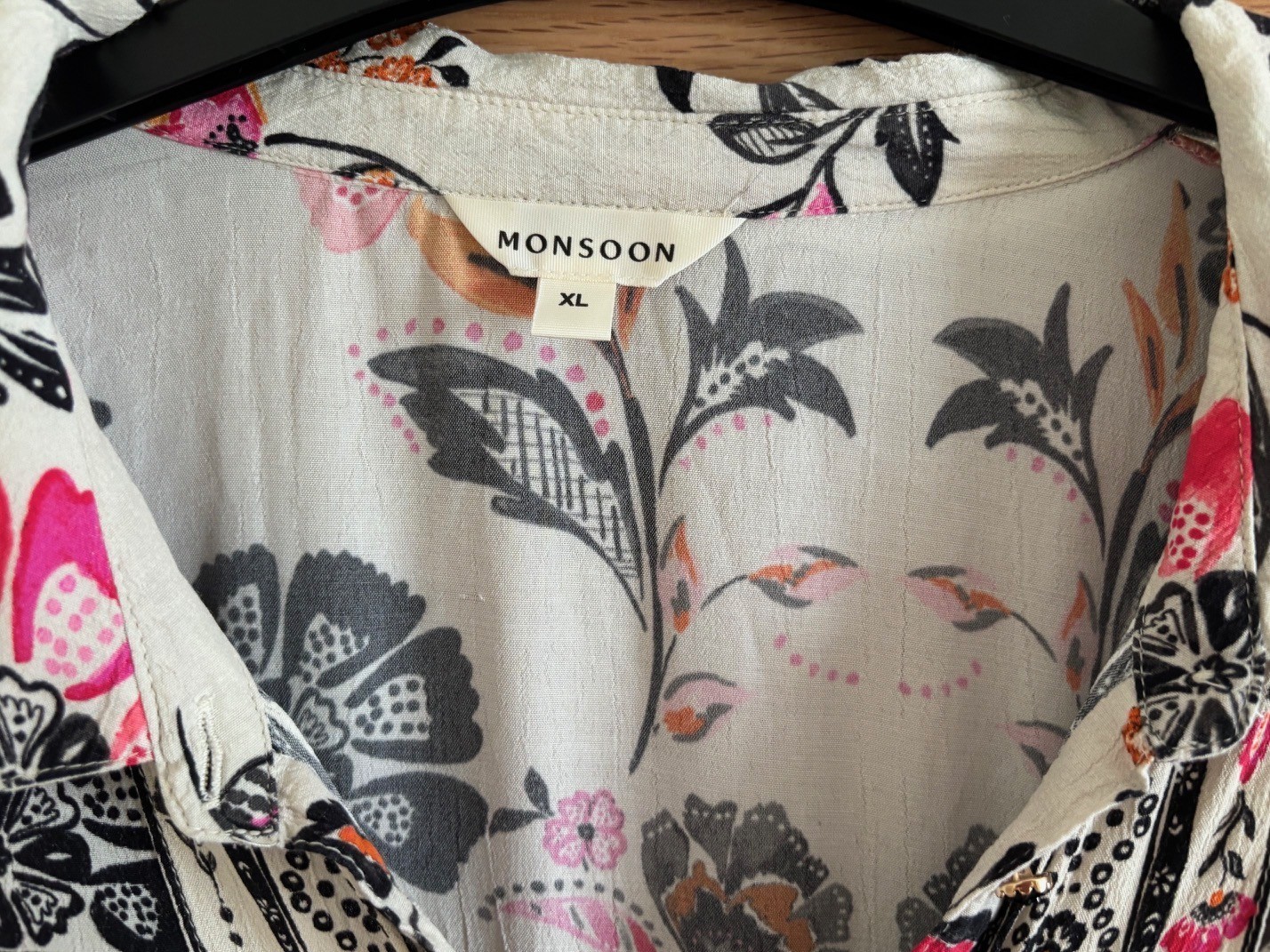 Monsoon Cream & Black, Pink Floral Print Shirt Dress with Camisole, Size XL, 20
