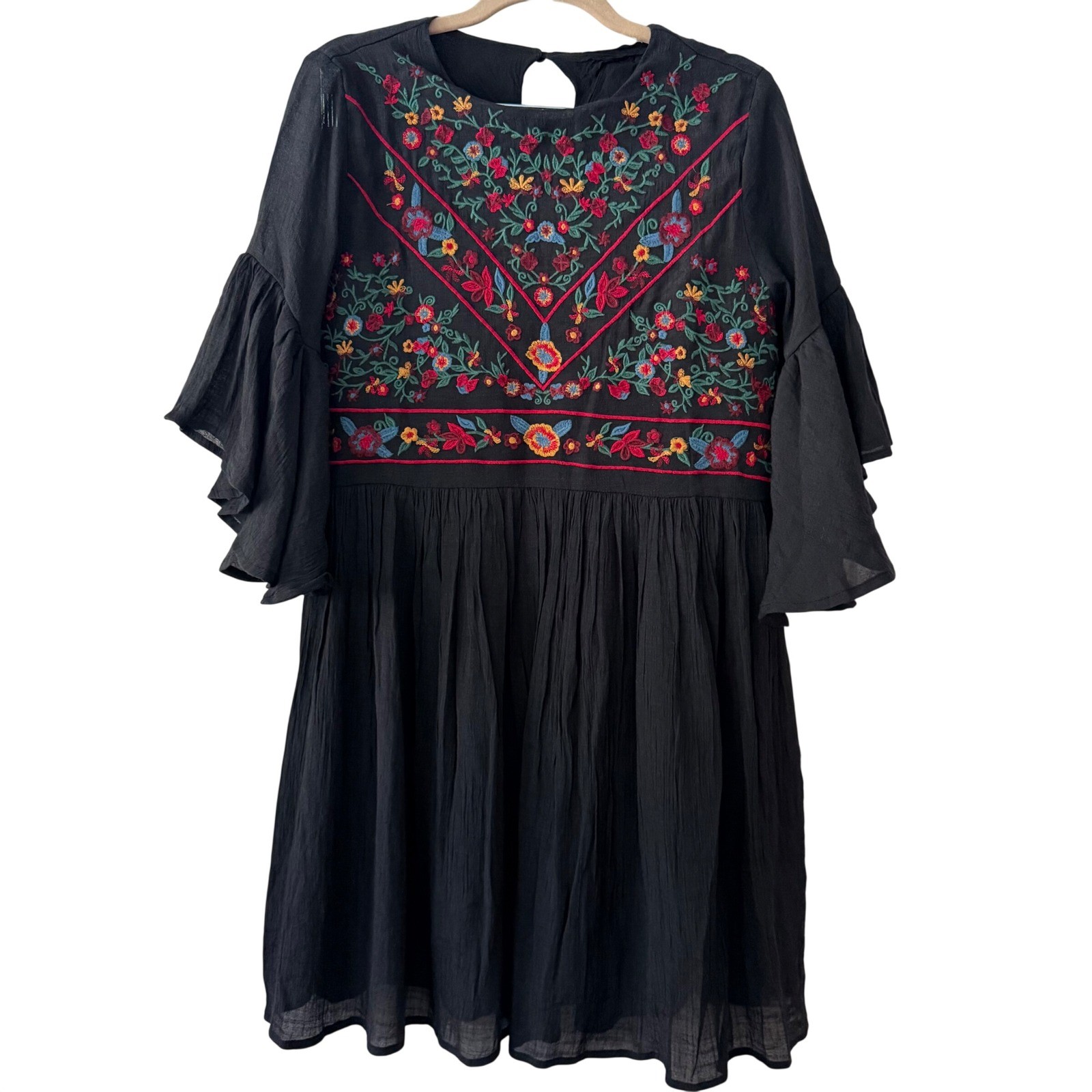 Umgee USA Black Embroidered Boho Babydoll Dress Bell Sleeve Floral Hippie Small