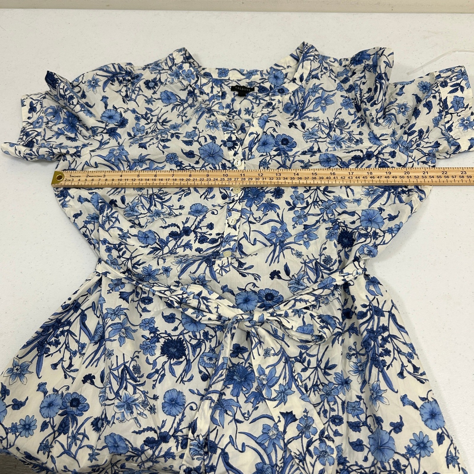 Talbots Womens Blue White Floral Button Front Tie Waist Shirt Dress Pockets L