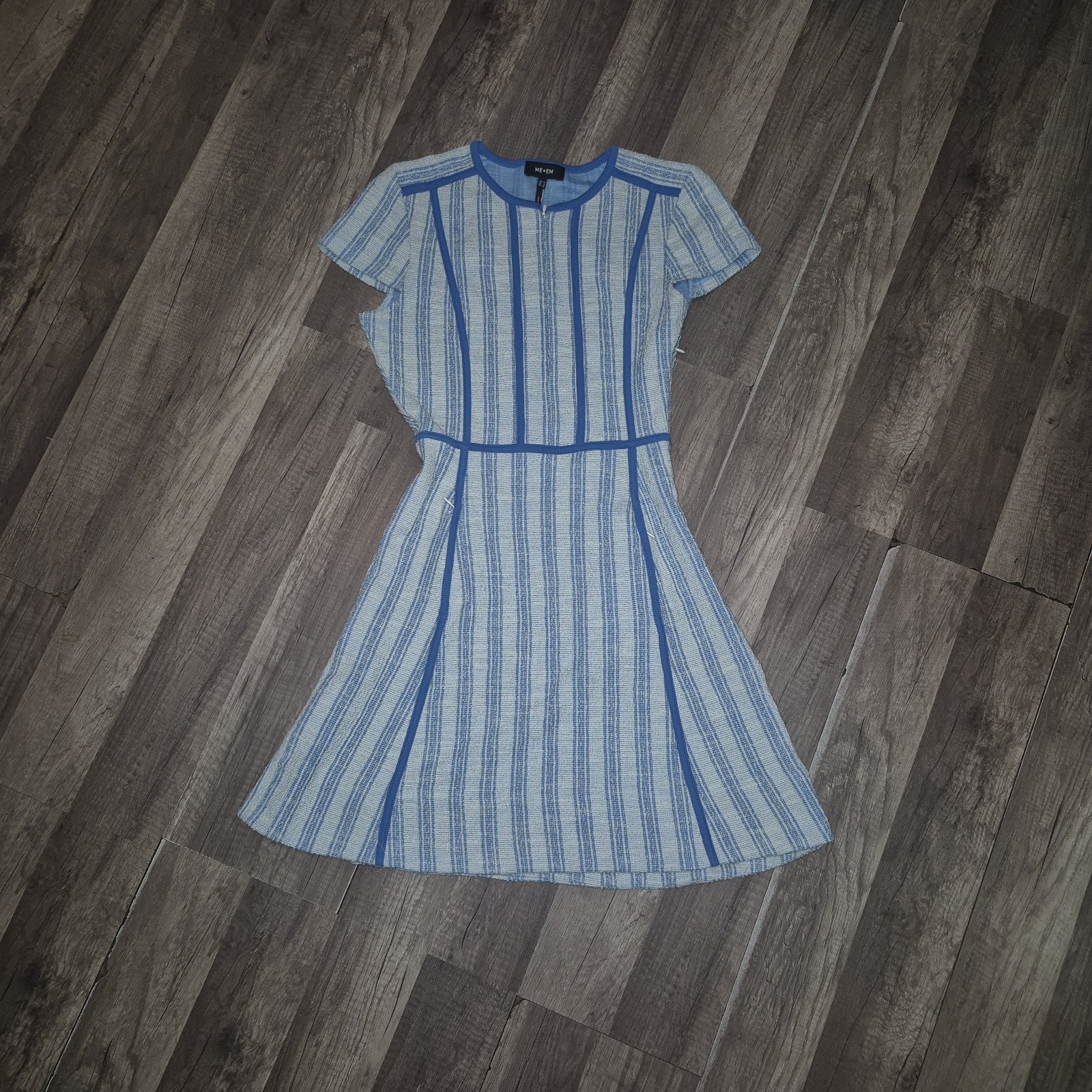 ME+EM Blue Beige Striped Round Neck Short Sleeve A-Line Short Dress US 6