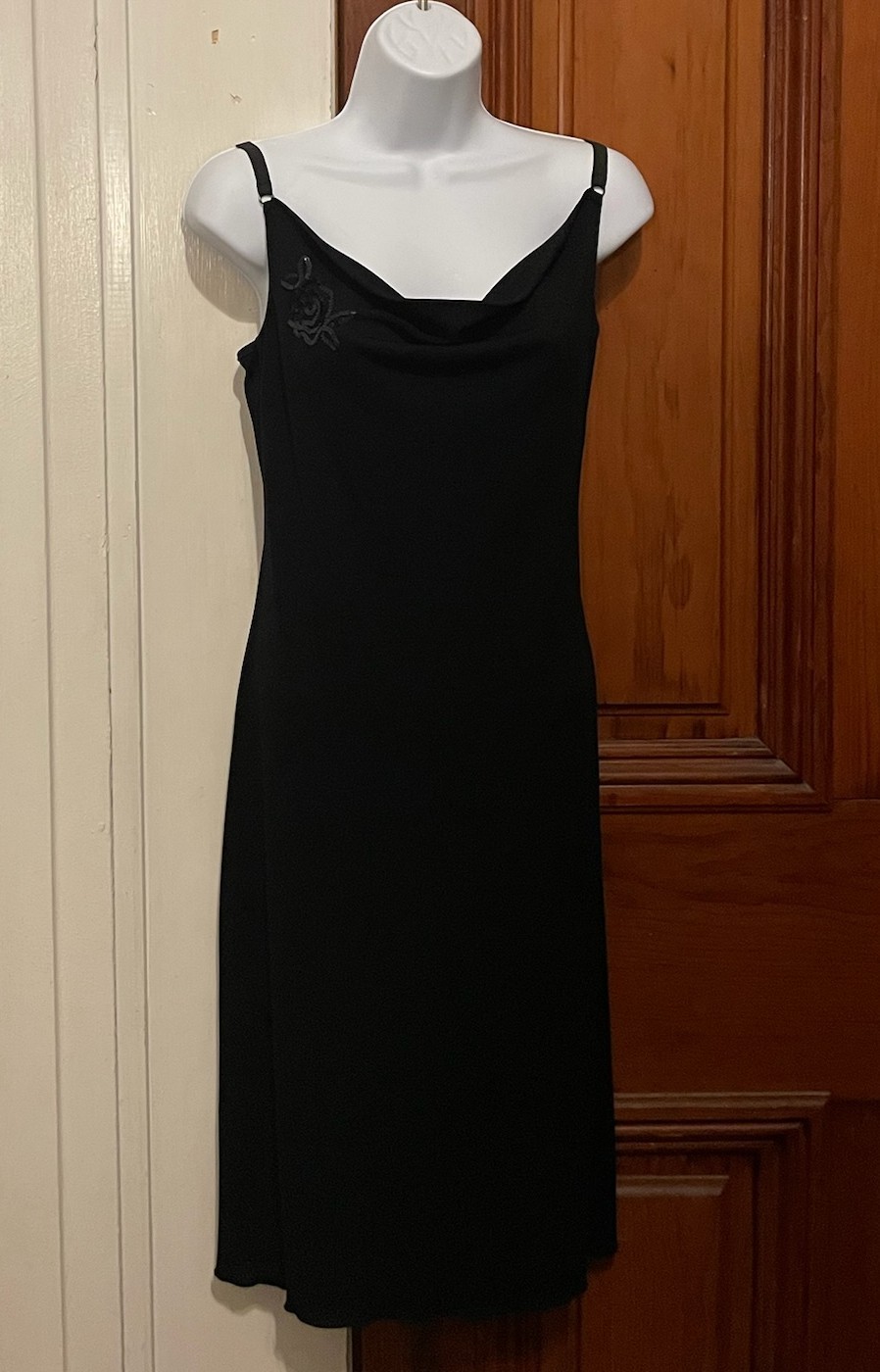 ESPRIT Black Slip Dress (SMALL) Vintage Y2K Stretch Elastic Straps Sequin Flower