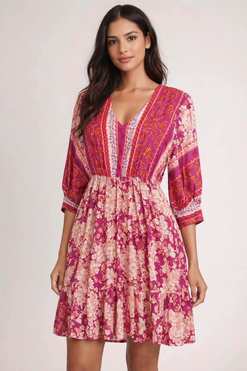 BEACHSISSI Vintage Inspired Retro Pink Floral Bohemian Peasant Cottagecore Dress