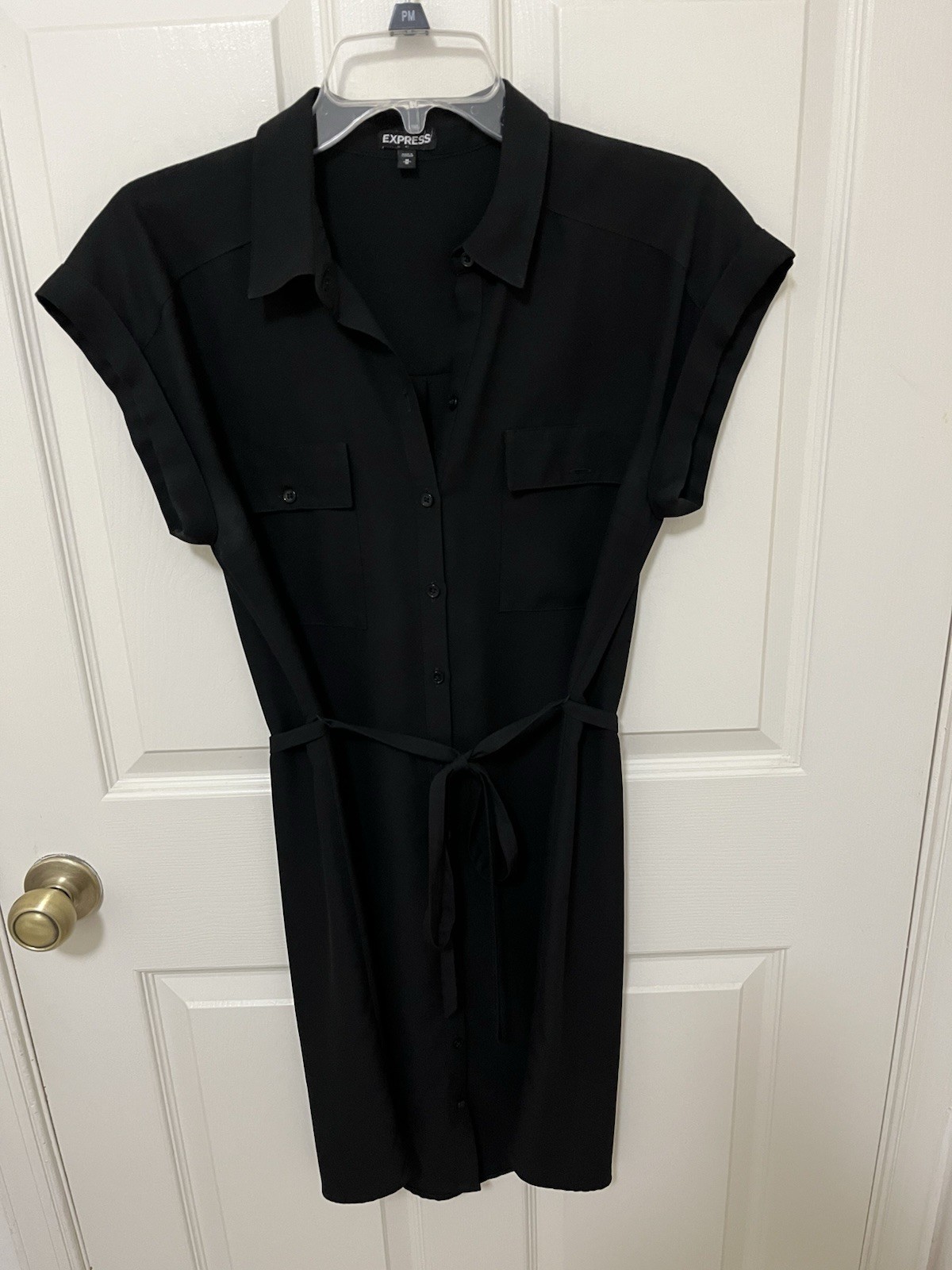 Express Women’s Medium Black Sleeveless Button Down Shirt Dress, Pockets, Belt
