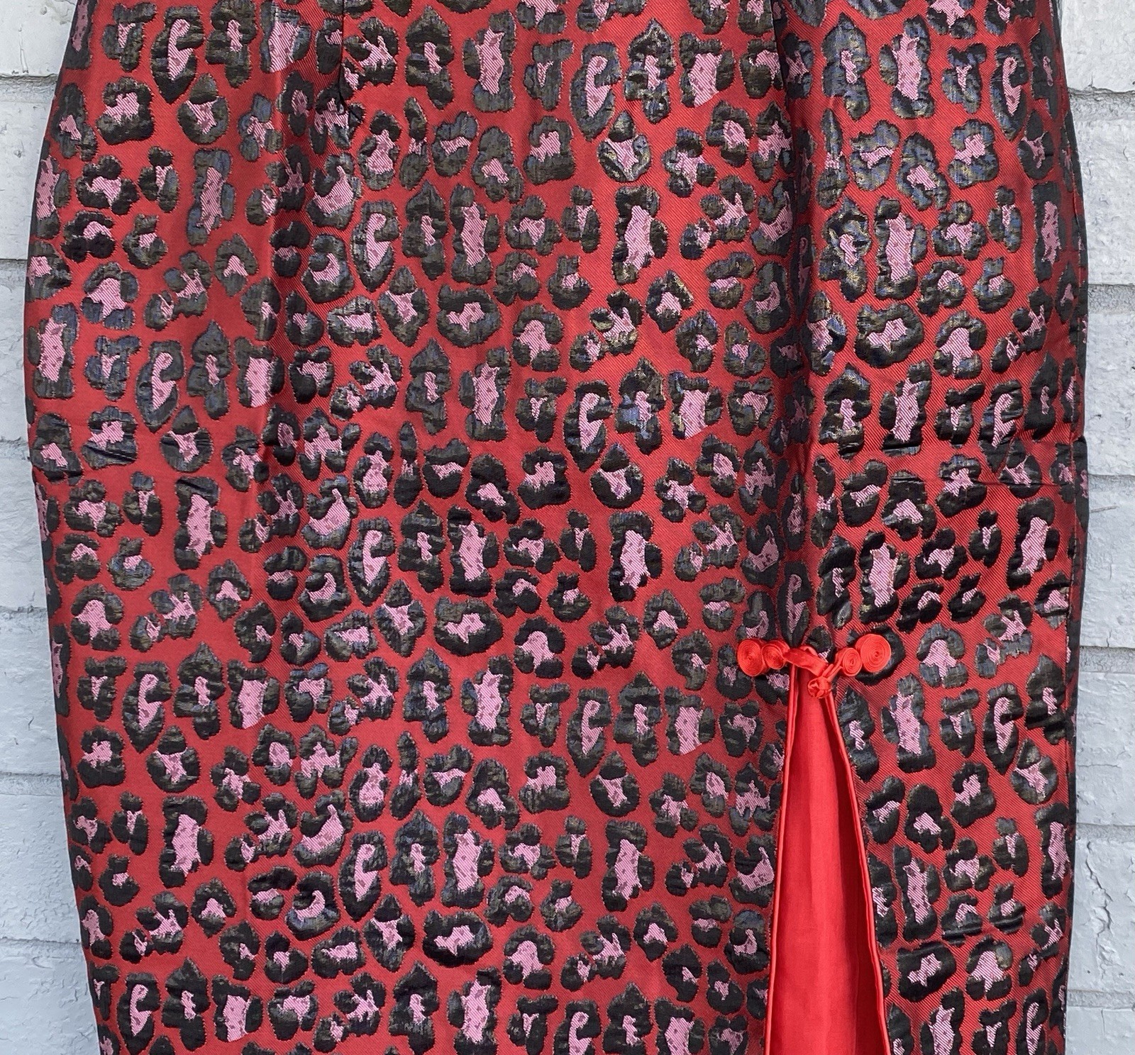 00s Size L Metallic Leopard Animal Print Y2K Mandarin Cheongsam Qipao Red Black