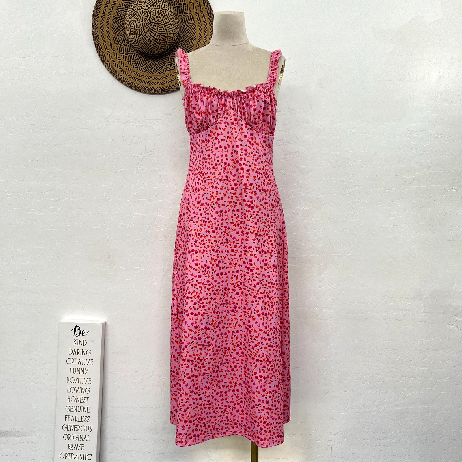 Commense pink Floral midi dress L Cottage Core Cami stretchy romantic soft girl