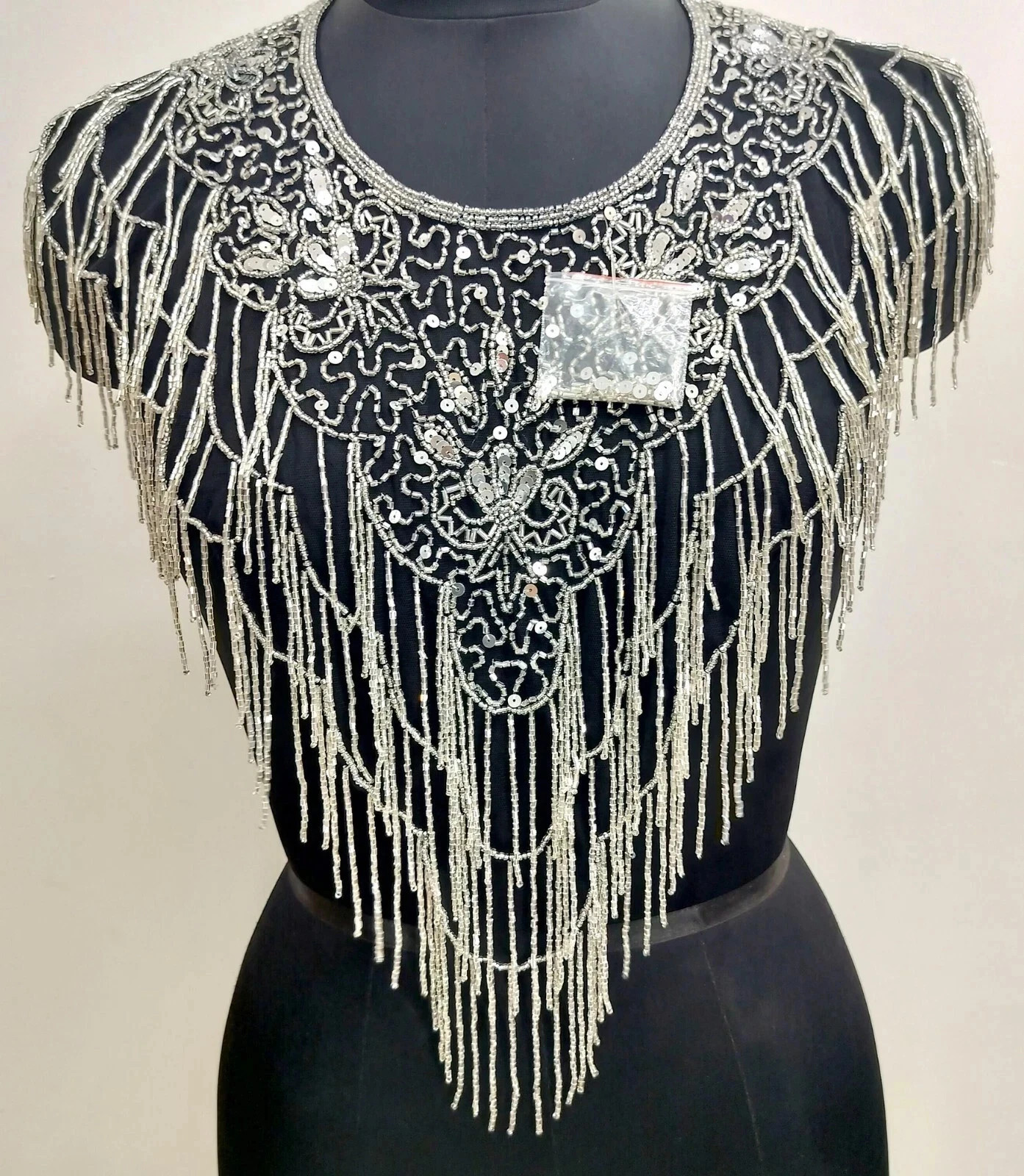 BLACK SILVER SHEER NET EMBROIDERY HANDMADE TOP DESIGNER PONCHO CAPE WOMEN DRESS