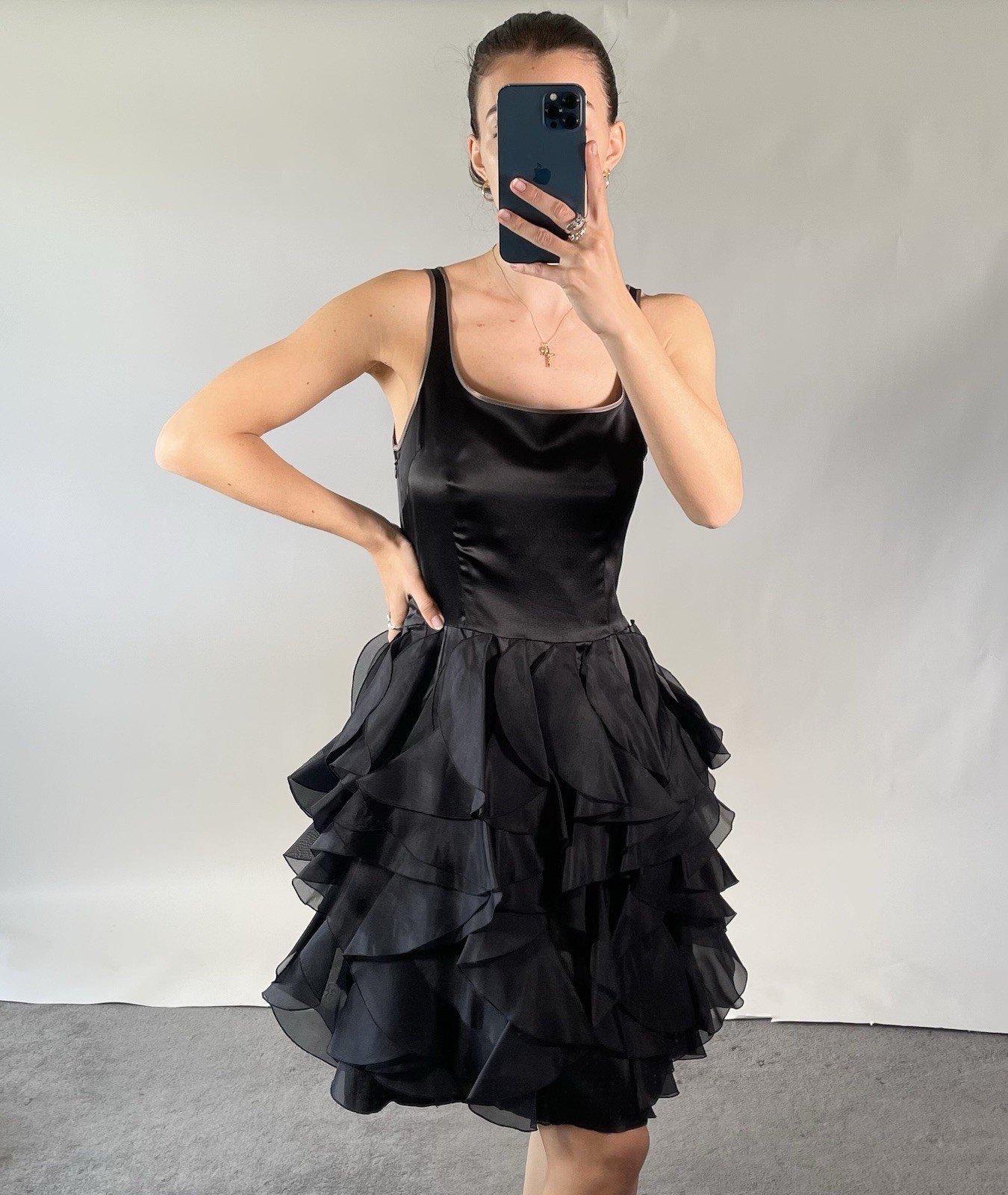 Daily Couture UK8 Dress Black Silk Sleeveless Tiered Organza Ruffles Mini