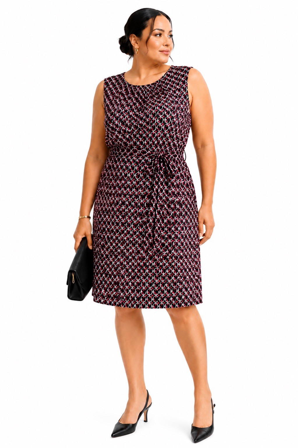 Women’s Sleeveless Geometric Sheath Dress Tie Waist Career Office Size 14P