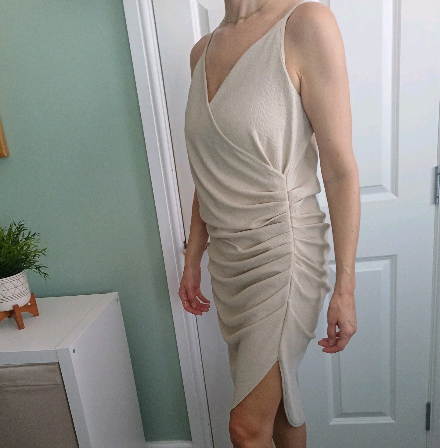 Mango Midi Dress L beige ruched strappy sexy uk 12 14