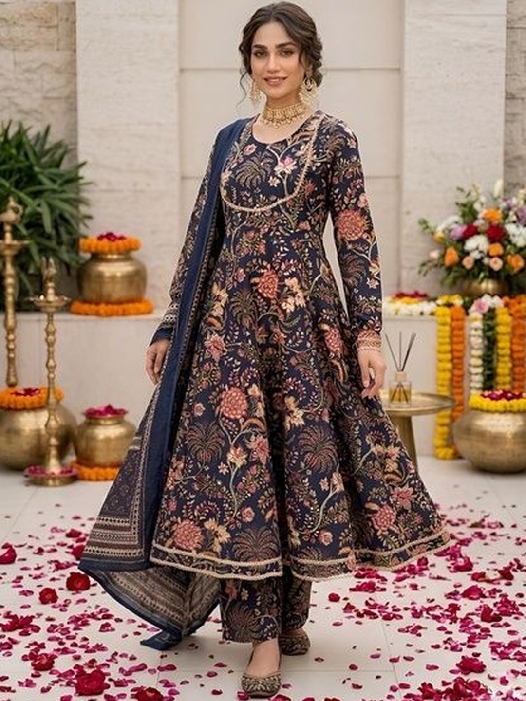 Indian Women Blue Cotton Floral Printed Anarkali Kurta With Trouser & Dupatta