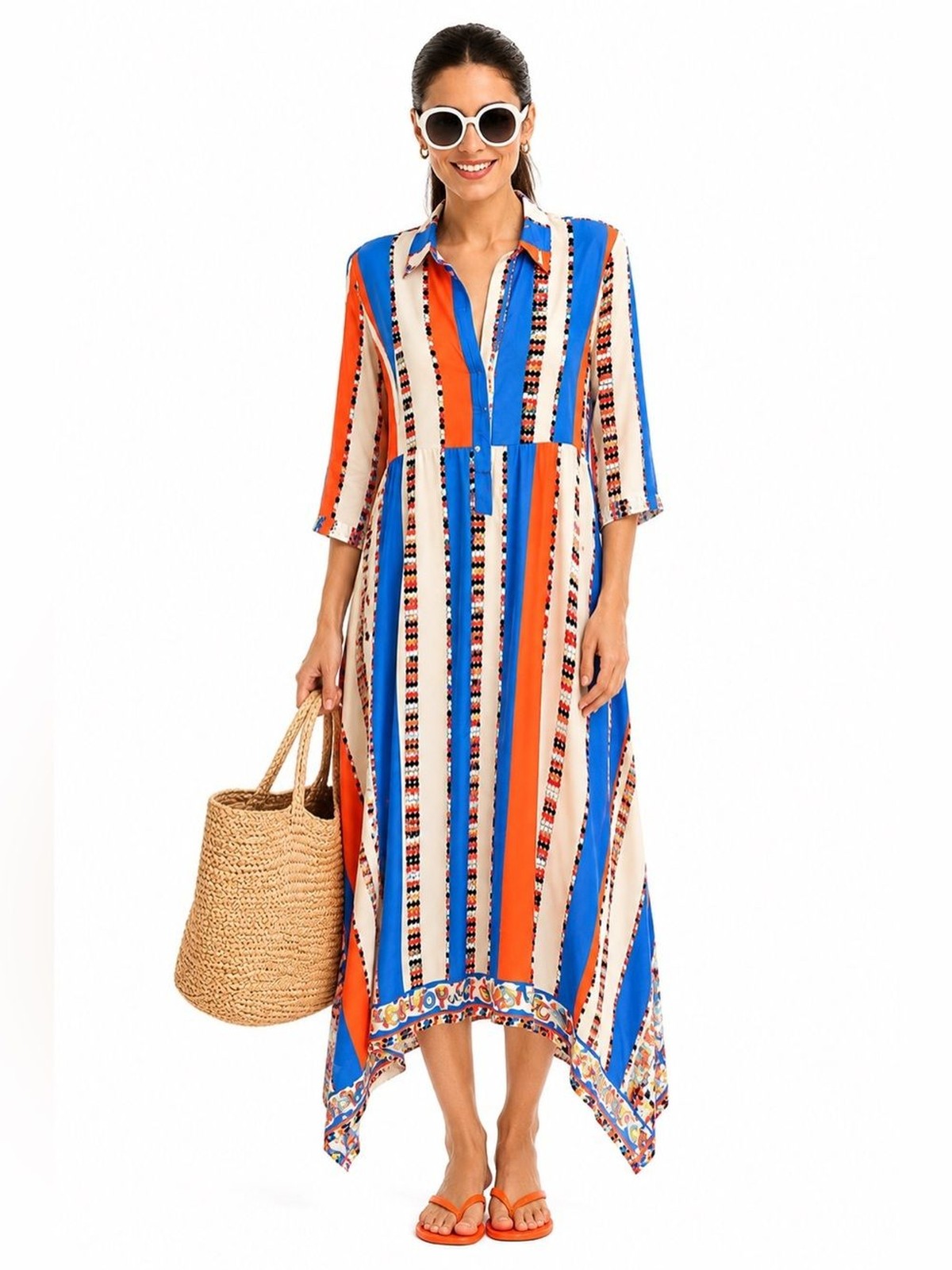 BEULAH Striped Midi Shirt Dress in Blue, Orange & White